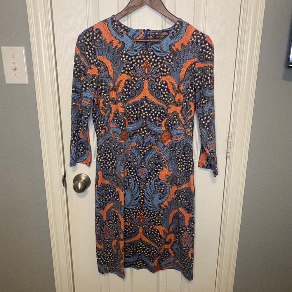 J.McLaughlin Catalina Cloth Dress‎ Medium Blue Orange Paisley Batik Print Sheath
